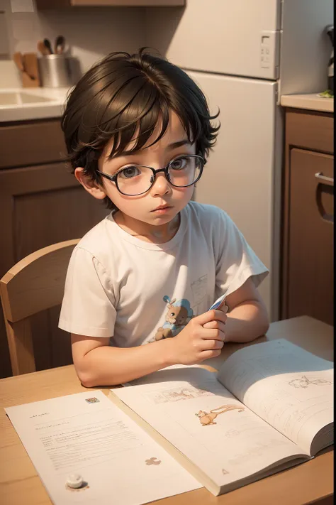 menino em cartoon inspirado em desenho animado moreno com aparencia de ter 6 anos lendo uma carta em um fundo de uma cozinha perto de uma mesa feita de madeira ,Looking directly at the letter standing up just leaning against his kitchen table