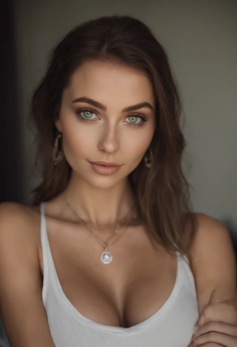 arafed woman with a white tank top and a necklace, sexy girl with green eyes, portrait sophie mudd, brown hair and large eyes, selfie of a young woman, bedroom eyes, violet myers, without makeup, natural makeup, looking directly at the camera, face with ar...