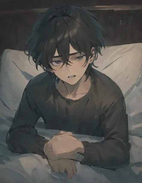 Sad man with pale skin crying. Hes sitting on a bed wearing a white shirt. He has long black hair and black eyes. He also has a slight beard. Hes middle aged and innocent looking. Hes crying and has eyes bags