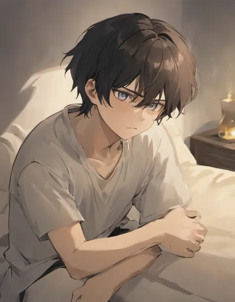 Sad man with pale skin crying. Hes sitting on a bed wearing a white shirt. He has long black hair and black eyes. He also has a slight beard. Hes middle aged and innocent looking. Hes crying and has eyes bags