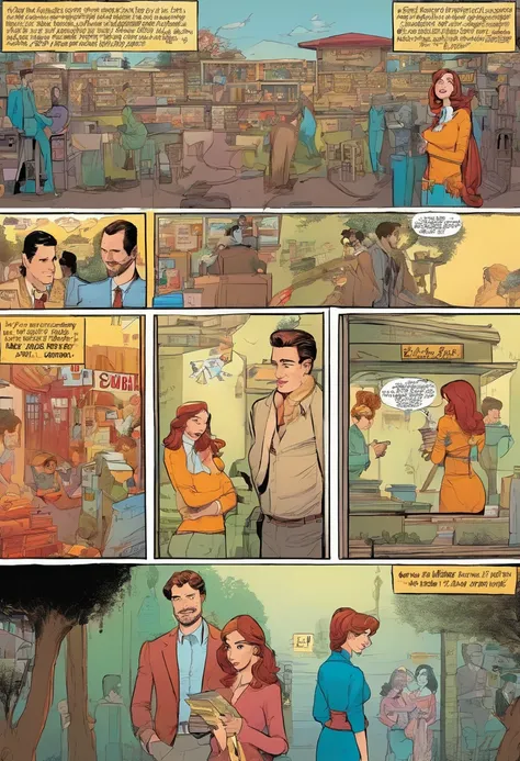 American comics, The comic story is presented in multiple irregular panels with color. La chica de pelo largo se agacha delante del hombre y le chupa con la boca su pene, el hombre se viene echando cum por toda la cara de la chica, la chica hermosa ve teta...