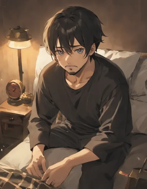 Sad middle aged man. He looks around his mid forties. He has really long black hair and a beard. Hes crying while sitting on his bed in pyjamas. Hes holding a beer bottle. He has eye bags.. Detailed and follows the prompt