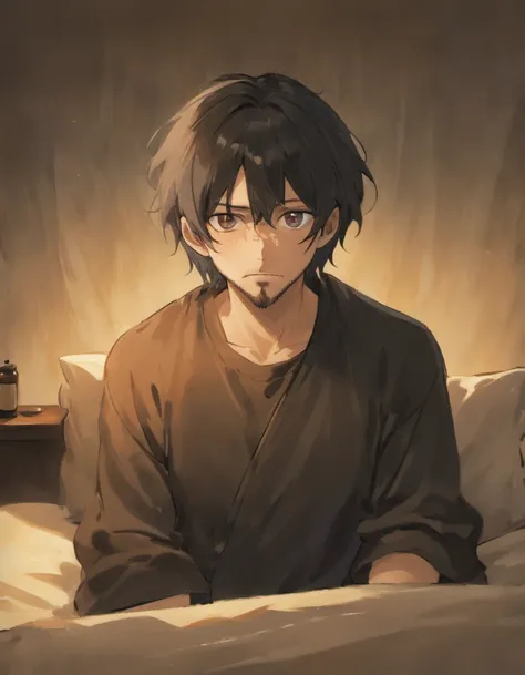 Sad middle aged man. He looks around his mid forties. He has really long black hair and a beard. Hes crying while sitting on his bed in pyjamas. Hes holding a beer bottle. He has eye bags.. Detailed and follows the prompt