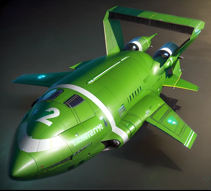 A closeup of a model of a green airplane with a number 2 on it, Thunderbird 2, duck themed spaceship, nave espacial em forma de pato, Thunderbirds, Tem seis propulsores na parte traseira, Arte conceitual da Lockheed, Fallout airplane concept art, nave espa...