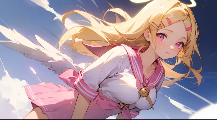 1 girl, blonde hair, blonde woman, hairlong, bright pink eyes, pastel colours, cute hairpins on hair and clothes,(((Pink sailor suit))), large breasts, Halo, angel wings, the wind, looking a viewer, lens flare