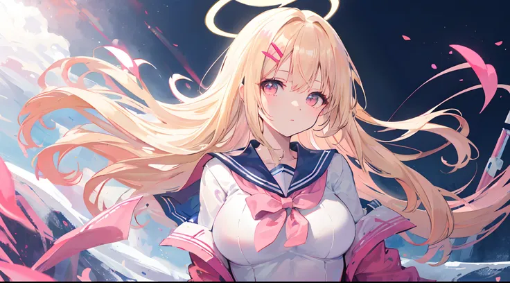 1 girl, blonde hair, blonde woman, hairlong, bright pink eyes, pastel colours, cute hairpins on hair and clothes,(((Pink sailor suit))), large breasts, Halo, angel wings, the wind, looking a viewer, lens flare