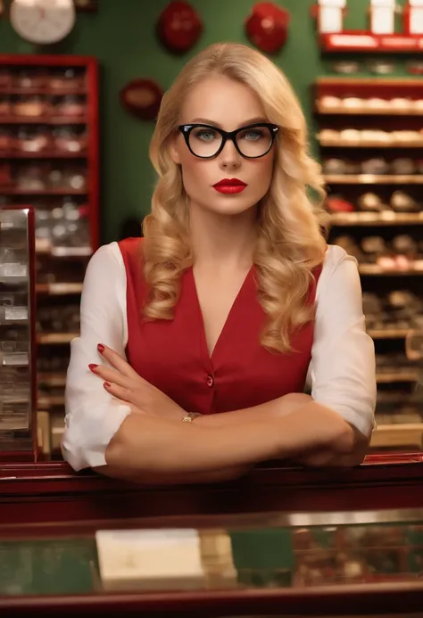 (blond girl with green eyes,black plastic glasses,sitting behind the counter of an optical store, red formal shirt, red lipstick)medium:illustration,ultra-detailed,realistic,studio lighting,vivid colors,warm color tones,sharp focus