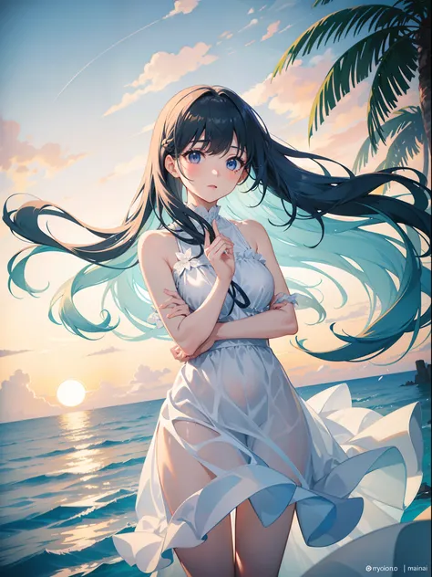 Girl with long light blue hair、Black eyes、Long dress with white ruffles．The figure illuminated by the setting sun is God々Right！an orange、pink there、Yellow blends to fill the sky、The sunset over the beach is truly mesmerizing。The crystal clear sea gently ki...