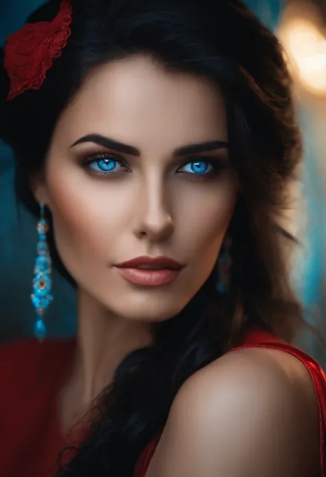 beautful woman with black hair and blue eyes, sexy girl with a red shirt