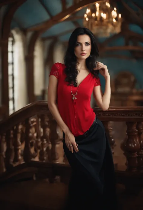 beautful woman with black hair and blue eyes, sexy girl with a red shirt