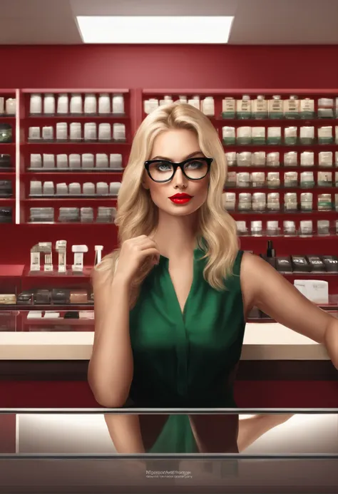 (blond girl with green eyes,black plastic glasses,sitting behind the counter of an optical store, red formal shirt, red lipstick)medium:illustration,ultra-detailed,realistic,studio lighting,vivid colors,warm color tones,sharp focus