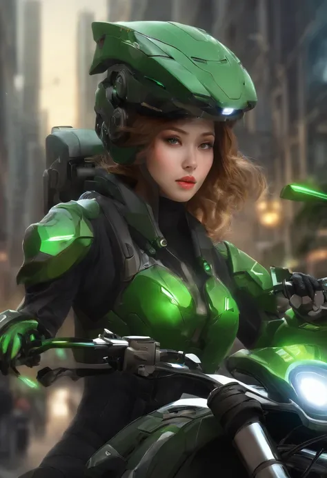 Highest image quality, outstanding details, ultra-high resolution, (realism: 1.4), the best illustration, favor details, highly condensed 1girl, with a delicate and beautiful face, dressed in a black and green mecha, wearing a mecha helmet, holding a direc...