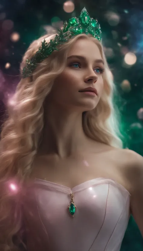 RAW, professional photograph, movie photograph, medium shot, Female elf, young elf, goddess elf, emerald crown, white dress, see-through floating in the middle of the space, in front of pink galaxy, athletic body, soft facial features, long hair, straight ...