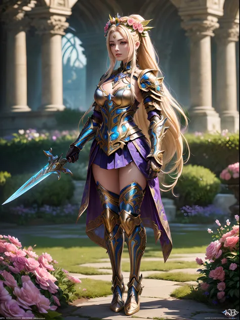 (Full body image) a warrior fairy woman with long flowing blonde hair in a floral+metal armor, forward facing, standing in a garden of flowers, she is holding a sword, ornate cosplay, kind cyborg girl with flowers, intricate costume design, hyperdetailed f...