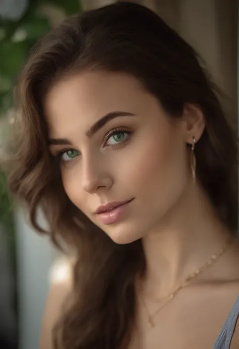 Highest image quality, outstanding details, ultra-high resolution, (realism: 1.4) woman with a white tank top and a necklace, sexy girl with green eyes, portrait sophie mudd, brown hair and large eyes, selfie of a young woman, bedroom eyes, violet myers, w...