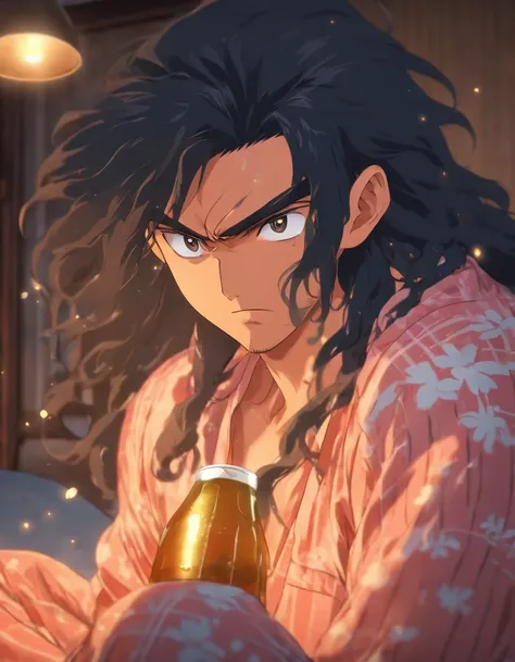 Sad middle aged man. He looks around his mid forties. He has really long black hair and is innocent looking. Hes crying while sitting on his bed in pyjamas. Hes holding a beer bottle. He has eye bags.. Detailed and follows the prompt. Anime styled. Photore...