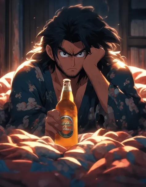 Sad middle aged man. He looks around his mid forties. He has really long black hair and is innocent looking. Hes crying while sitting on his bed in pyjamas. Hes holding a beer bottle. He has eye bags.. Detailed and follows the prompt. Anime styled. Photore...