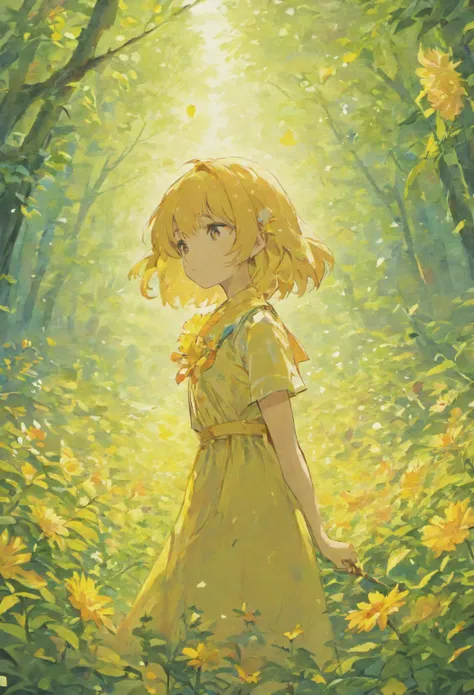 Chica ghibli con flores sentada con la naturaleza