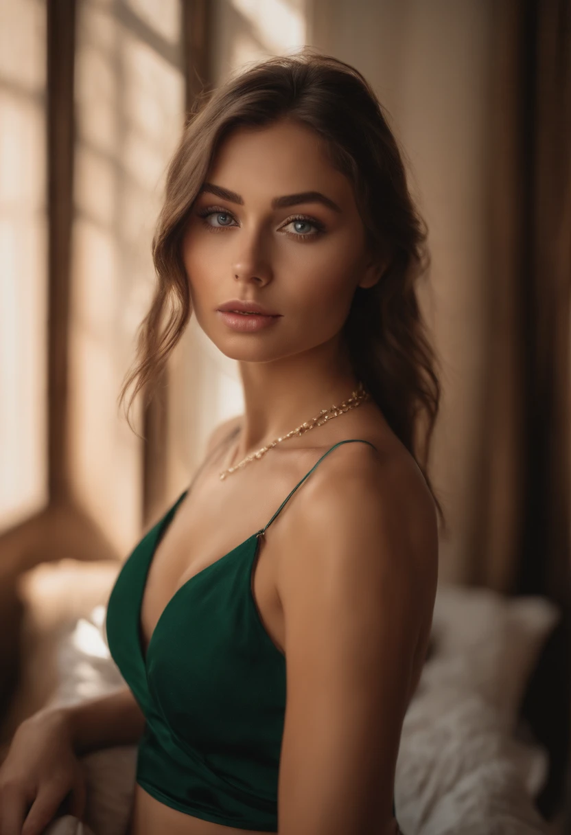 Highest image quality, outstanding details, ultra-high resolution, (realism: 1.4) woman in underwear and a necklace, sexy girl with green eyes, portrait sophie mudd, brown hair and large eyes, selfie of a young woman, bedroom eyes, violet myers, without ma...