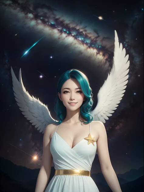 a woman, teal hair, red eyes, smile, angel wings, golden halo, white dress, standing upright, in outer space, Milky Way in the background, stars in the distance, upper body