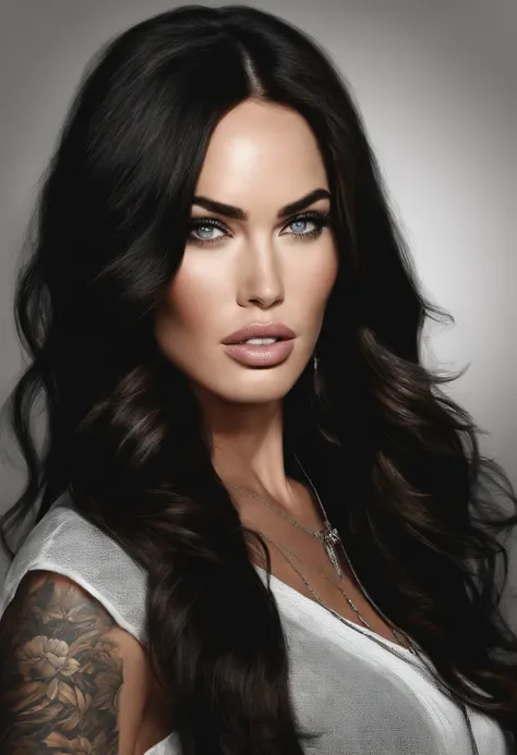 desenho preto e branco feito com caneta da Megan Fox segurando uma espada japonesa