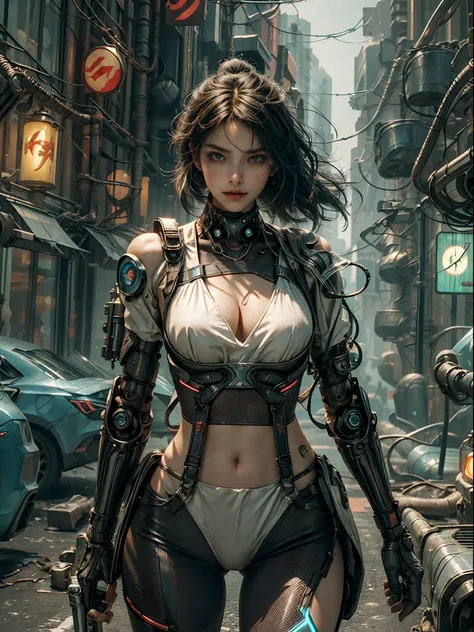 1 Cyberpunk girl, futuristic, mechanical aesthetics, complex machinery, high-tech lighting scene of futuristic city in the background, virtual engine 5, sexy body harness, close-up cowboy shot, cinematic lighting.