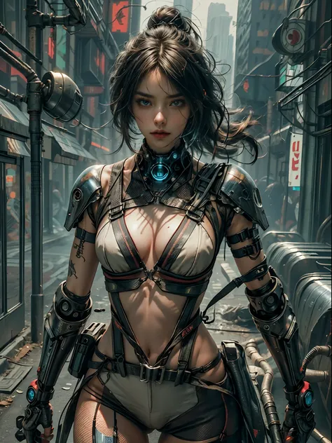 1 Cyberpunk girl, futuristic, mechanical aesthetics, complex machinery, high-tech lighting scene of futuristic city in the background, virtual engine 5, sexy body harness, close-up cowboy shot, cinematic lighting.