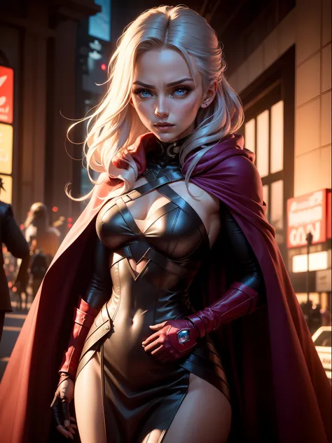 (New York: 1.5), (time square: 1.5), Scarlet Witch, whose real name is Wanda Maximoff, has magical powers and a connection to the Avengers. She has a distinct physical appearance and iconic costume. Here is a detailed description of her physical appearance...