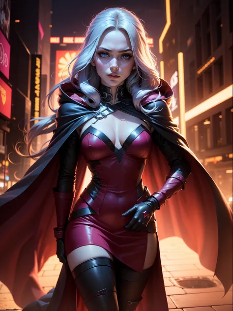 (New York: 1.5), (time square: 1.5), Scarlet Witch, whose real name is Wanda Maximoff, has magical powers and a connection to the Avengers. She has a distinct physical appearance and iconic costume. Here is a detailed description of her physical appearance...