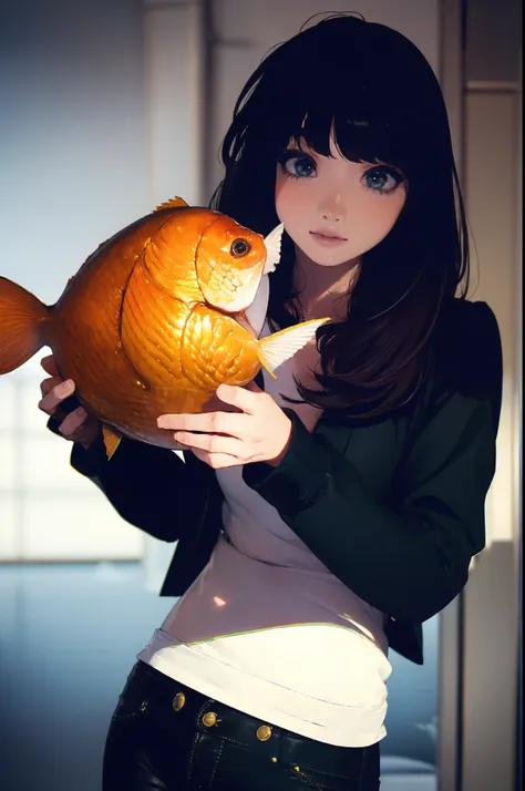 ((((catching a big fish:1.5)))),((Female 28 years old)),((Best Quality:1.5)),(((Hands with the correct number and structure of fingers:1.4))),((lakeside:1.37)),hight resolution,ultra-detailliert,​masterpiece,best qualtiy,(Eight-headed body),Black hair, lon...