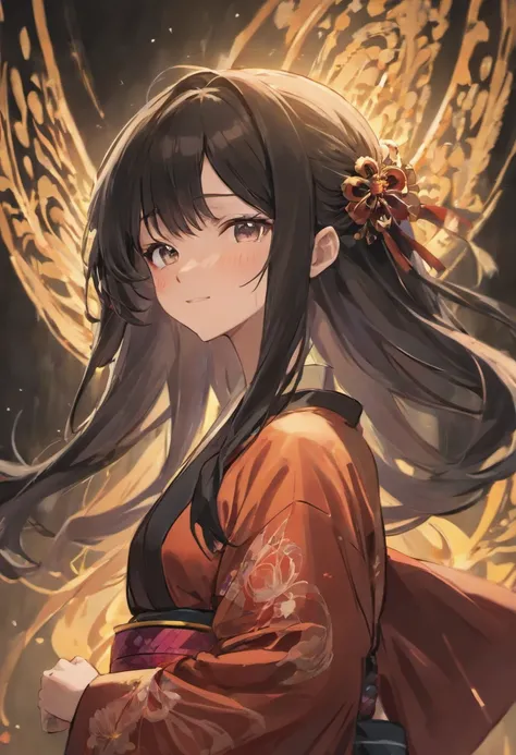 black hair, hime cut, long hair, expressive hair, hair strand,black kimono, seductive smile, anime, anime style, chiaroscuro, backlighting, from side, lens flare, best quality, award winning, super detail, high details, high quality, ccurate, anatomically ...