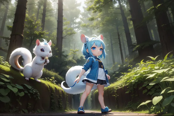 There is a small white squirrel with an acorn in his hand,  Chibichara　A cute girl with blue hair is also with me。It is a cute costume in white and blue。Dark eyes。cute forest creature, Adorable Digital Painting, cute detailed digital art, the squirrel king...