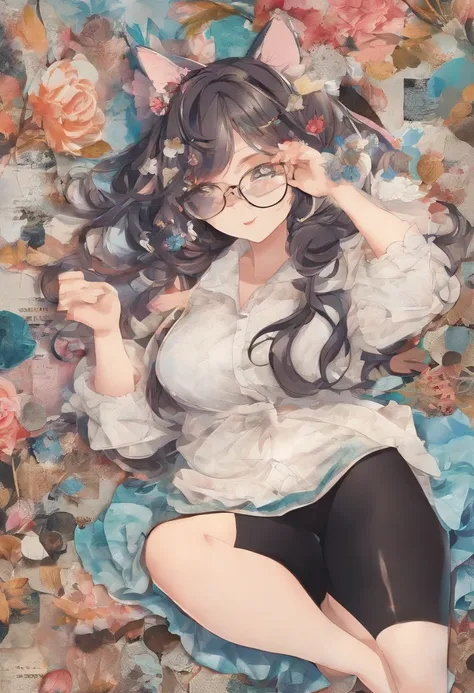 (masterpiece, best quality, beautiful, aesthetic, perfect, intricate, exquisite:1.2), 1girl, cute, adorable, (kawaii:1.25), cat ears, glasses, (curvy:1.5), (huge breasts, thick thighs:1.25), wide hips, happy smile, looking at viewer