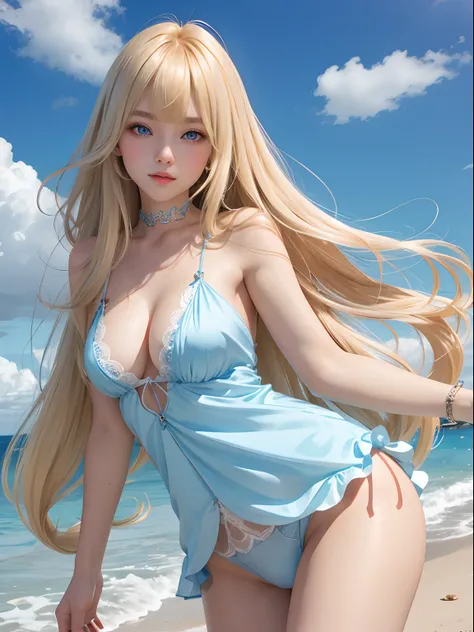 Sexy and cute very beautiful face、shiny blonde silky long hair、long swaying bangs、bright pale blue eyes, Sexy 16 year old cute young woman