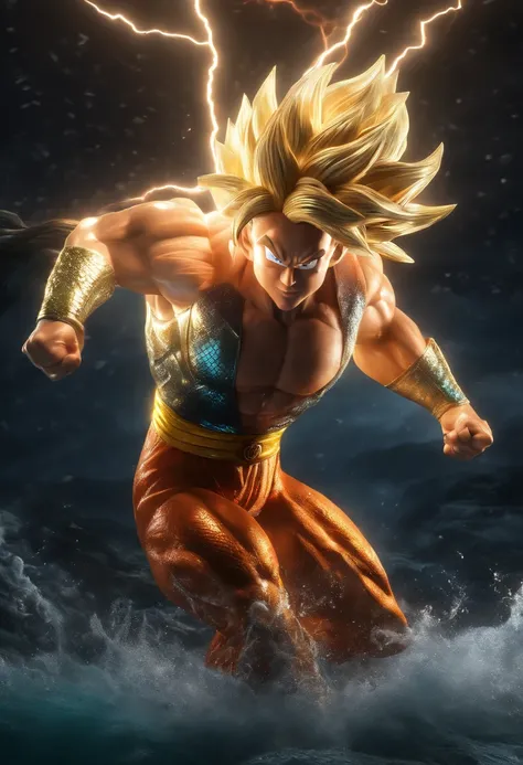 Realistic 3D rendering of Goku Super Saiyan fused Aquaman, surrounded by lightning, grande musculatura, treinando no supino, hiper-realista