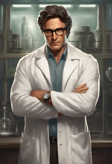 portray Bruce Banner as a middle-aged scientist with dark brown or black hair combed back and brown eyes wearing a lab coat and his glasses with thick, rectangular frame glasses that lend an air of intellectuality and scientificity to his appearance;. Thei...