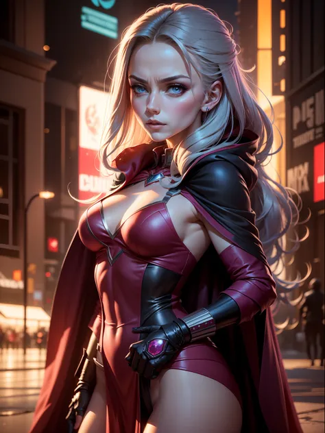 (New York: 1.5), (time square: 1.5), Scarlet Witch, whose real name is Wanda Maximoff, has magical powers and a connection to the Avengers. She has a distinct physical appearance and iconic costume. Here is a detailed description of her physical appearance...