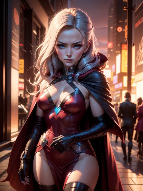 (New York: 1.5), (time square: 1.5), Scarlet Witch, whose real name is Wanda Maximoff, has magical powers and a connection to the Avengers. She has a distinct physical appearance and iconic costume. Here is a detailed description of her physical appearance...