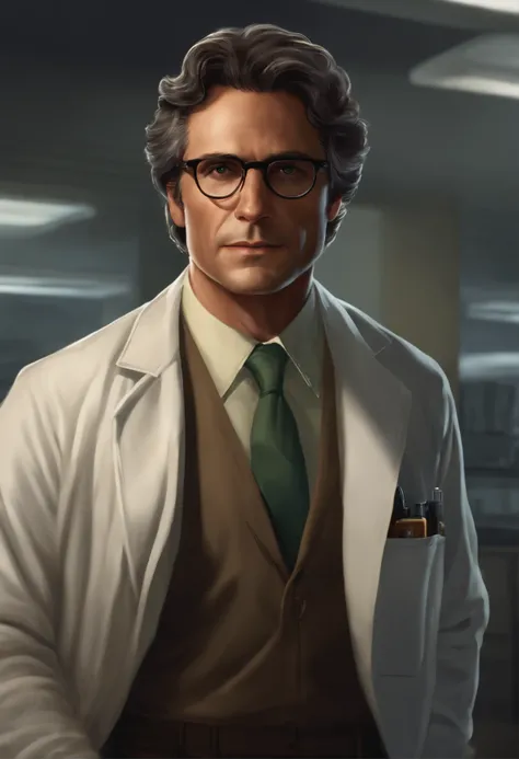 portray Bruce Banner as a middle-aged scientist with dark brown or black hair combed back and brown eyes wearing a lab coat and his glasses with thick, rectangular frame glasses that lend an air of intellectuality and scientificity to his appearance;. Thei...