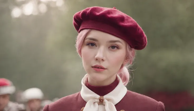 short pastel pink hair, short shoulder length hair, light pink hair, closed eyes, pale skin, porcelain skin, burgundy red cap, red cap, a light blush, looking at the viewer, red tie, red soldier clothes, burgundy red boots, repairing a battle tank