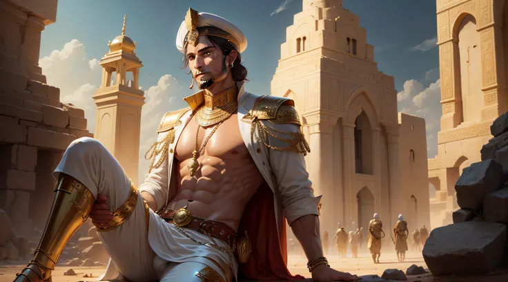 Illustrious Arkad, the richest man in Babylon, with a bag of gold in a Babylonian landscape.