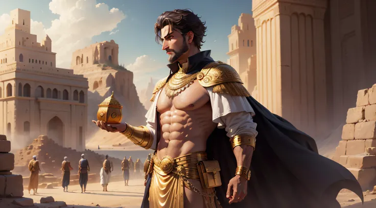 Illustrious Arkad, the richest man in Babylon, with a bag of gold in a Babylonian landscape.