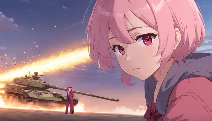 short pastel pink hair, short shoulder length hair, light pink hair, closed eyes, pale skin, porcelain skin, burgundy red cap, red cap, a light blush, looking at the viewer, red tie, red soldier clothes, burgundy red boots, repairing a battle tank