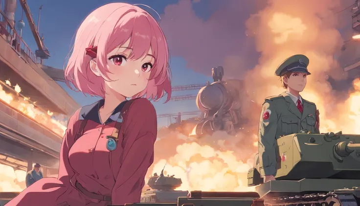 short pastel pink hair, short shoulder length hair, light pink hair, closed eyes, pale skin, porcelain skin, burgundy red cap, red cap, a light blush, looking at the viewer, red tie, red soldier clothes, burgundy red boots, repairing a battle tank