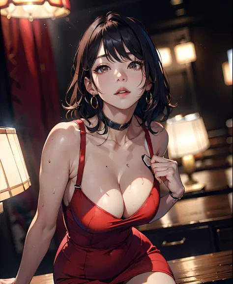 Ace, 4k, High Resolution, Masterpiece, Best Quality, Head: 1.3, (Korean K-pop Idol), Fine Skin, Sharp Focus, (Cinema Lighting), Clavicle, Morning, Soft Light, Dynamic Angle, [: (detailed face:1.2):0.2], armpit wrinkles, thigh gap, red dress, slim, mid-ches...