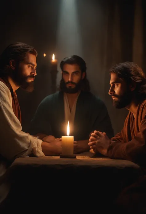 (melhor qualidade, 8k), Clear focus: 1.2, Three young men, Biblical style, tempo de Jesus Cristo, imagem de perfil, Realistic lighting added, Pay attention to adjust the proportions.