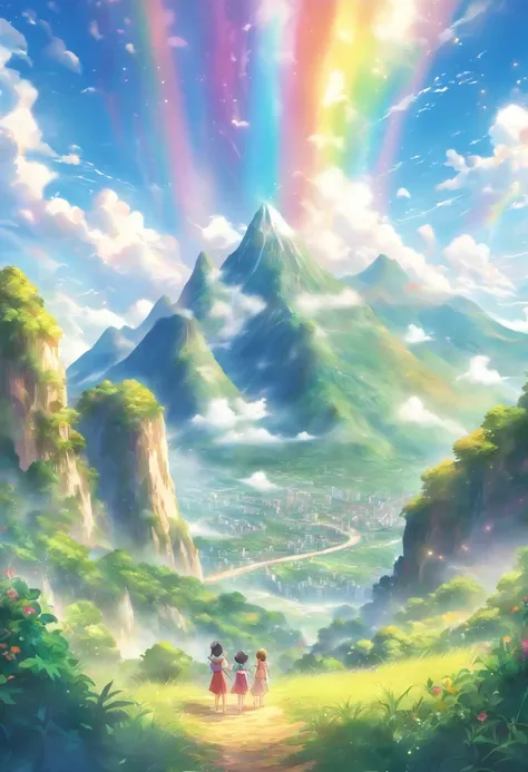 uma bela paisagem, cores vibrantes, luz solar brilhante, Rainbow, nuvens brancas fofas, prados verdes exuberantes, Rio Espumante, Majestic mountains with children receiving a brilliant magical invitation