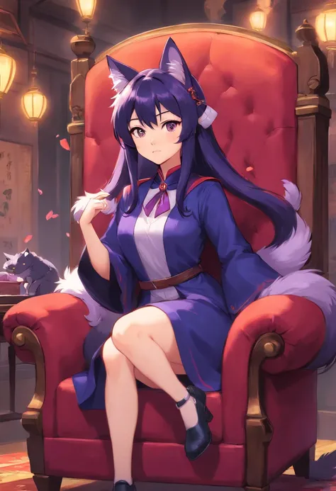 There is a cat with four ears and a purple collar sitting in a chair, dramatic cinematic detailed fur, 8k arte detalhada de alta qualidade, personagem de fantasia hiperdetalhado, fanart detalhado, arte de fantasia peluda, em um trono de cristais, Commissio...