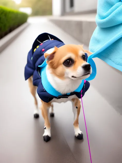 Araffe Dog wearing a sweater and a sweater on a leash, she is wearing a wet coat, would you let me dress you, vestido com roupas longas e fluentes, small dog, usando roupas extravagantes, Tomado com Sony Alpha 9, usando uma jaqueta extravagante, ele parece...