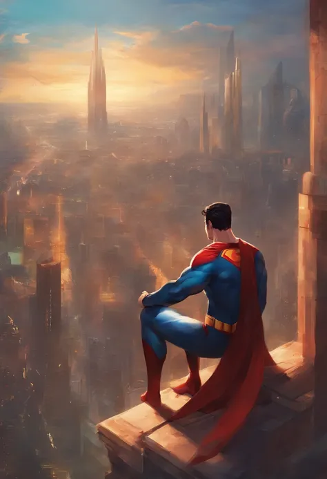 Superman sitting on the edge of a building,capa voando. Olhando para o por do sol,City of Metropolises. Superman.